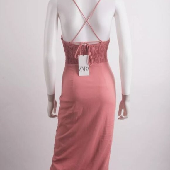 ZARA WOMANS MIDI KNOTTED DRESS PINK LINEN BLEND SPAGHETTI STRAP S 7881 … - Picture 2 of 4